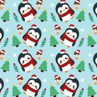 Kerstmis pinguïn ijs room patroon. schattig patroon Kenmerken schattig pinguïns, Kerstmis bomen, en ijs room Aan een blauw achtergrond. vector