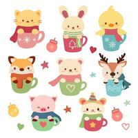 de verzameling van schattig dier in de kop van koffie in Kerstmis thema reeks in vlak vector stijl.de dieren omvatten een vos, beer, kat, hert, eend, varken, hamster en konijn.
