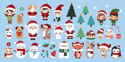 Kerstmis dieren stel de reeks omvat een verscheidenheid van populair Kerstmis dieren, inclusief een rendier, pinguïn, sneeuwman, de kerstman claus, elf, konijn, vos, en kat. vector