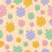hand- getrokken naadloos patroon met bloemen in snoep kleuren en rooster Aan achtergrond. vector
