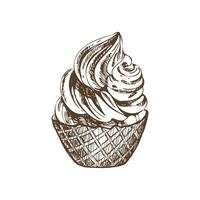 een hand getekend schetsen van een wafel mand met bevroren yoghurt of zacht ijs room. wijnoogst illustratie. element voor de ontwerp van etiketten, verpakking en ansichtkaarten. vector