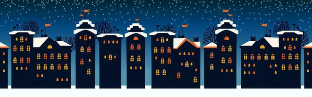 schattig Kerstmis en winter nacht stad huizen. besneeuwd stad- panorama. vector