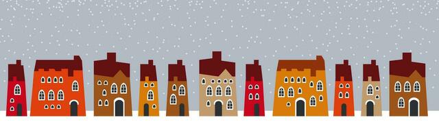 schattig Kerstmis en winter huizen. besneeuwd nacht in knus Kerstmis stad- stad panorama. vector