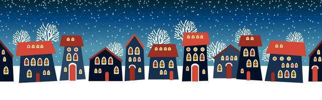 schattig Kerstmis en winter nacht stad huizen. besneeuwd stad- panorama. vector