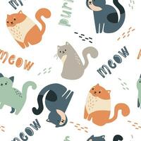 naadloos vector patroon. schattig katten in Scandinavisch stijl, boho, inscripties pur en mauw