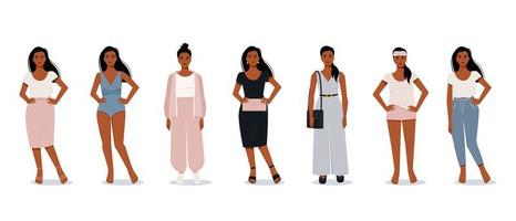 stijlvolle moderne afro vrouw in vlakke stijl. vector vrouwelijke personages in verschillende kleding. comfortabele huiskleding. avond outfit. kantoorkostuum