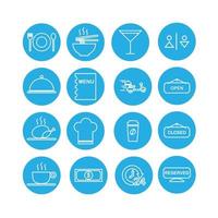 icon set vectorafbeelding van café en resto. pictogrammen in blauwe en witte stijl. vector