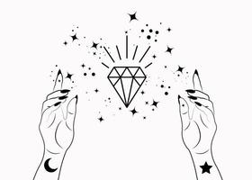 mystieke vrouw handen alchemie esoterische magische ruimte sterren, kristal symbool, heilige geometrie. boho stijl logo in zwarte omtrek tattoo icoon. spiritueel occultisme mystieke wicca teken. vector geïsoleerd op wit