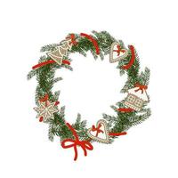 kerstkrans van dennentakken met peperkoek in de vorm van hart, huis, sneeuwvlok. feestelijke decoratie voor nieuwjaar en wintervakanties vector