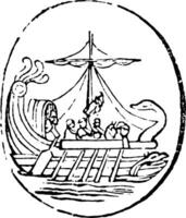 Grieks schip, wijnoogst illustratie. vector
