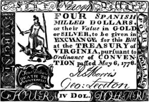 papier geld, vier dollars rekening, 1776 wijnoogst illustratie. vector