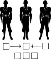drie persoon het dossier leger vorming, wijnoogst illustratie. vector