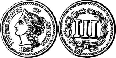 koper-nikkel drie cent munt, 1865 wijnoogst illustratie. vector