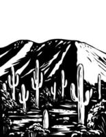 wasson piek in tucson mountain district van saguaro nationaal park arizona usa wpa zwart-wit kunst vector