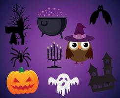 abstracte halloween objecten spook vector pompoen trick or treat met vleermuis spin kasteel