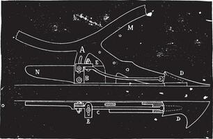 verhoging en plan van de delen regeling mechanisme in de ploeg hoornsby, wijnoogst gravure. vector