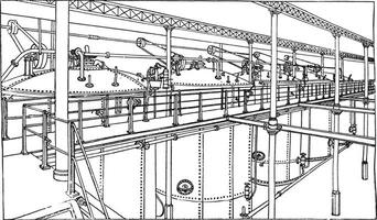 Overzicht van een serie van vijf fermentatie tanks, wijnoogst gravure. vector