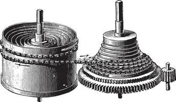 drijfveer vat en stopwatch raket, wijnoogst gravure. vector