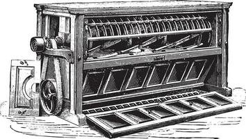 Luther centrifugaal zifter, wijnoogst gravure. vector