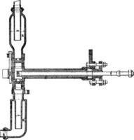 visie van een pomp naar Amerikaans locomotief, wijnoogst gravure. vector