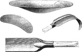 gereedschap minderjarigen, wijnoogst gravure. vector