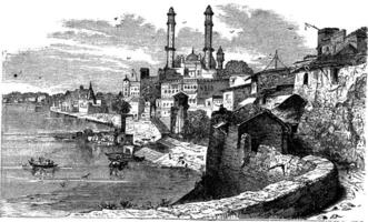 varanasi of banares of banara's, in uttar pradesh, Indië, wijnoogst gravure vector