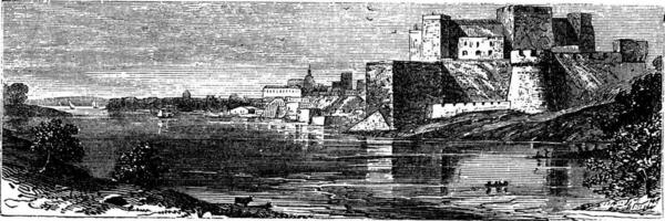 de kasteel van Brindisi wijnoogst gravure. vector