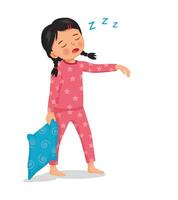 schattig weinig meisje in pyjama Holding hoofdkussen slaapwandelen Bij nacht vector