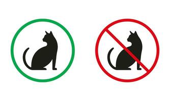 binnenkomst met kat teken. katje zittend silhouet pictogrammen set. huisdier toegestaan, dier verboden symbolen. wandelen met pussycat regel. geïsoleerd vector illustratie.