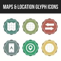 unieke set kaarten en locatie 6 glyph-pictogrammen vector