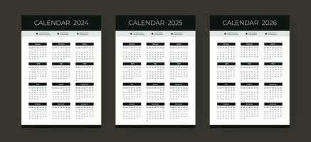 kalender 2024, 2025, 2026 lay-out sjabloon, zwart muur kalender reeks ontwerp. vector