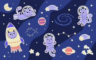 reeks van elementen clip art stickers karakter schattig kat astronaut in ruimte vector