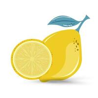 een geel citroen met een stuk van citroen Aan geïsoleerd wit achtergrond. een geel citroen perfect voor textiel gebruikt in sap concept vector