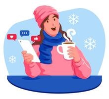 vrouw in winter kleren met een kop van koffie en een smartphone sociaal media vector