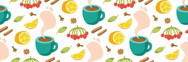 patroon met heet drinken citroenen en specerijen. kookboek stickers, schattig huis menu. knus hand- getrokken thee achtergrond. vector vlak illustratie.