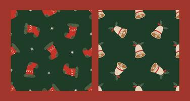 naadloos patroon reeks met Kerstmis rood sok en klok. Kerstmis en nieuw jaar concept. hand- getrokken retro wijnoogst vector structuur voor behang, afdrukken, inpakken, textiel
