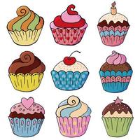 set van iconen van cupcakes, muffins in de hand tekenen stijl. verzameling vectorillustraties voor uw ontwerp. zoete gebakjes, muffins vector