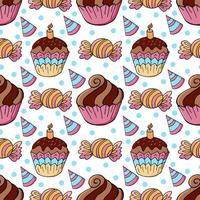 vectorillustratie. naadloos patroon met zoete gebakjes. leuke muffins, cupcakes. polka dot achtergrond. textuur voor stof vector