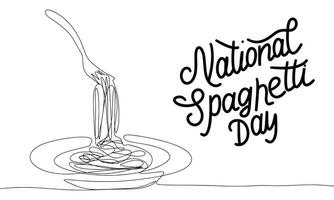 nationaal spaghetti dag spandoek. handschrift belettering nationaal spaghetti dag tekst en lijn kunst vork met spaghetti in bord. hand- getrokken vector kunst.