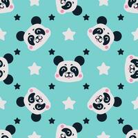 schattig panda gezicht naadloos vector patroon. glimlachen baby beer met mooi sterren Aan een blauw achtergrond. grappig dier, helder backdrop voor jongens en meisjes. vlak tekenfilm illustratie voor kleding stof, behang