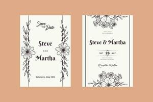 hand- getrokken bloemen bruiloft uitnodiging kaart met lijn kunst botanisch bloemen en bladeren vector