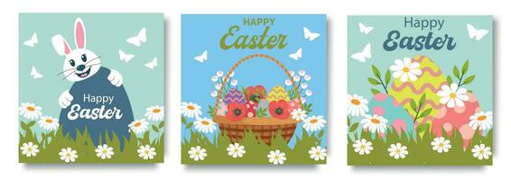gelukkig Pasen. felicitatie- Pasen achtergrond. voorjaar vakantie poster set. vector ontwerp van voorjaar elementen voor groet kaart, omslag, sociaal media post