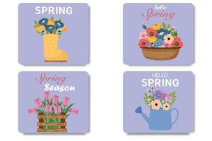 verzameling voorjaar kaart, uitverkoop, sjabloon, poster, ansichtkaart, label, banier ontwerp set. boeketten van bloemen in een gieter kan, mand, envelop, doos, laars. seizoensgebonden symbolen. vector
