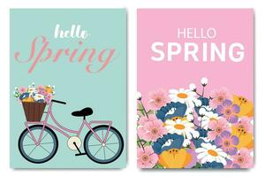 reeks van modieus voorjaar posters met fiets en mooi bloemen. modern typografie. voorjaar achtergrond, omslag, uitverkoop banier, folder ontwerp. sjabloon voor reclame, web, sociaal media. vector