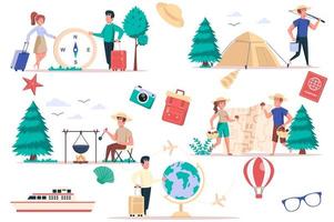 toerisme en camping geïsoleerde elementen instellen. bundel mensen gaan wandelen, relaxen met tenten in de natuur, paddenstoelen plukken, koken, wereldreis. schepper kit voor vectorillustratie in platte cartoon design vector