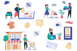 winkelen mensen geïsoleerde elementen instellen. bundel van mannen en vrouwen die online en in de winkel kopen tegen een kortingsprijs, kleding en schoenen verkopen. schepper kit voor vectorillustratie in platte cartoon design vector