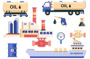 olie-industrie geïsoleerde elementen instellen. bundel van olietanker, opslag en transport in schip, tanken, productie-installatie, vat en andere. schepper kit voor vectorillustratie in platte cartoon design vector