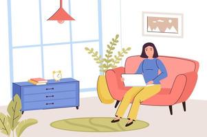 freelance werken bij thuiskantoor concept. vrouw werkt online op laptop zittend op een fauteuil in de woonkamer. werk op afstand aan een project in een comfortabele omgeving. vectorillustratie in trendy plat ontwerp vector