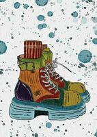 afdrukken kunst lijn band werk schoenen laarzen regenboog sport kleding grijs Purper groen rood zwart illustratie kader sneaker vector