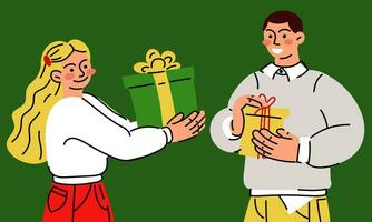 een helder paar geeft elk andere cadeaus Aan een groen achtergrond. schattig vent en meisje, vector vlak illustratie van geschenk geven. geven geschenken. een verrassing geschenk doos. kerstmis, nieuw jaar, wederzijds cadeaus